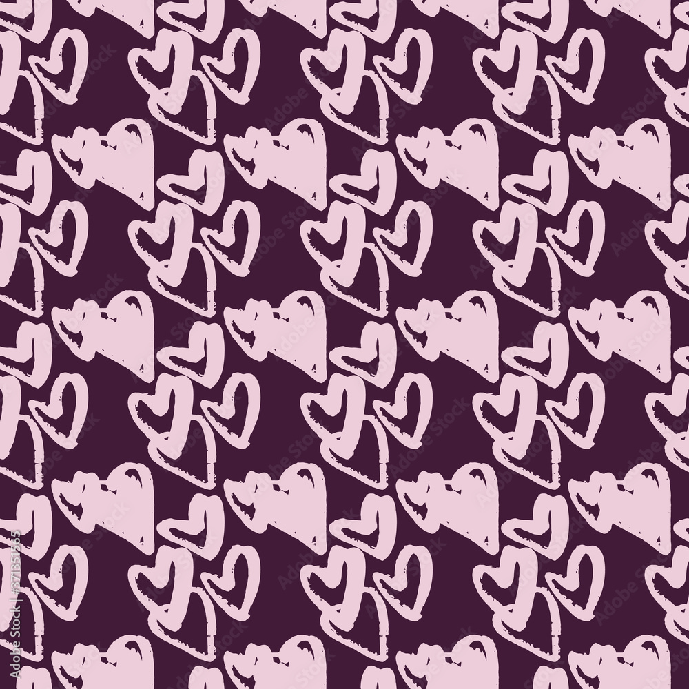 Creative heart figures seamless doodle pattern. Soft lilac valentine ornament with dark background.