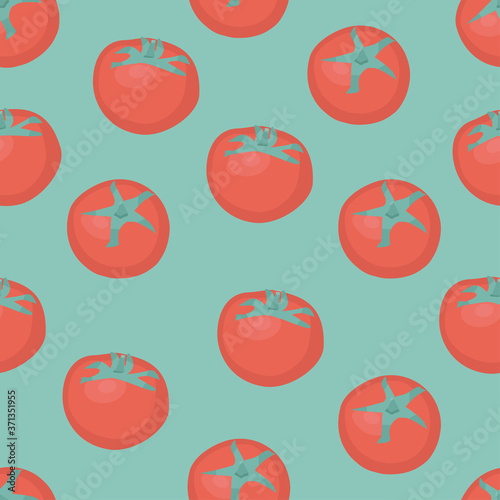 Vector red tomatoes seamless pattern. Food background on a green background. Vegetable texture for the design. Seamless pattern can be used for Wallpaper, web backgrounds.
