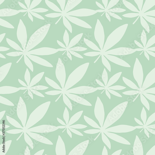 Pastel light cannabis seamless pattern. Light leaves on blue background. Hemp print.
