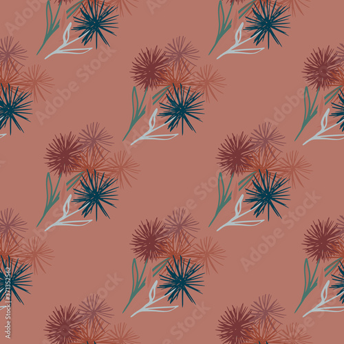 Pale dandelion silhouettes seamless pattern. Dark light coral background with flowers bouquet ornament in navy blue and maroon tones.