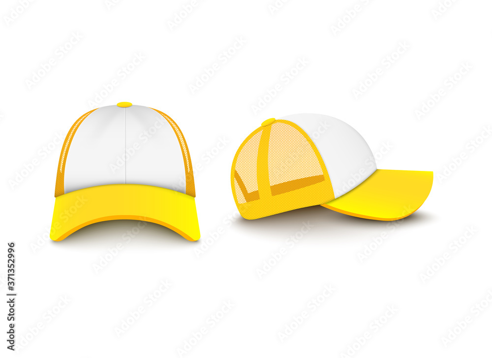 Yellow baseball trucker cap mockup from front and side view vector de Stock  | Adobe Stock