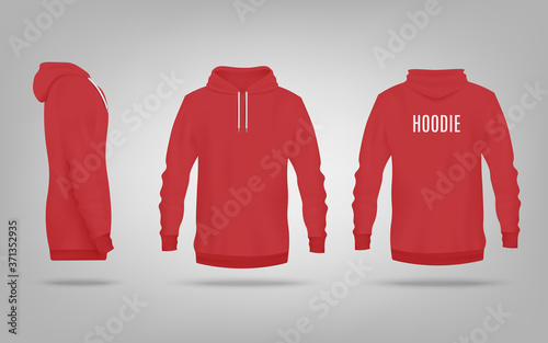 Colorful red hoodie mockup from front, back and side view.
