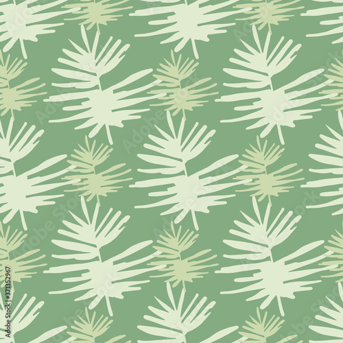 Seamless pattern with light foliage tropical shapes. Light green background. Simple backdrop. © smth.design