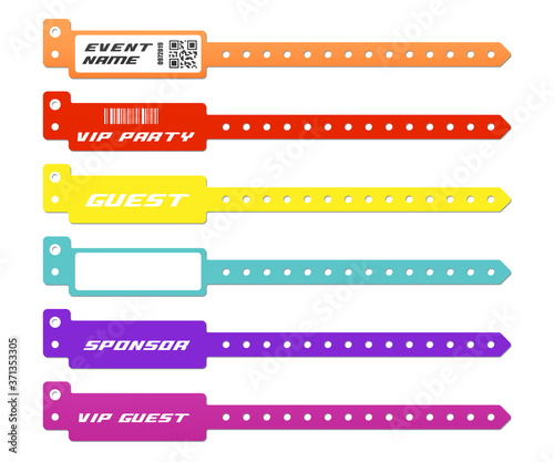 Set of access bracelets or wristbands realistic vector illustration isolated.