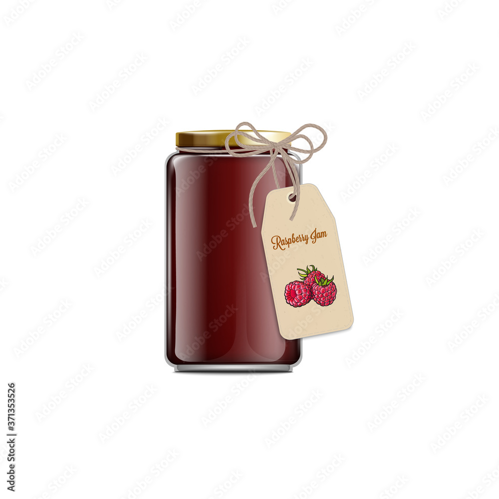 Obraz premium Raspberry jam or confiture in glass jar realistic vector illustration isolated.