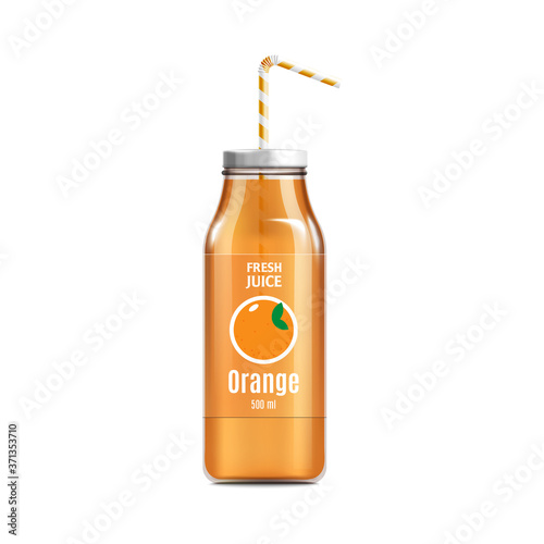 Glass orange juice labeled bottle realistic vector illustration mockup isolated.