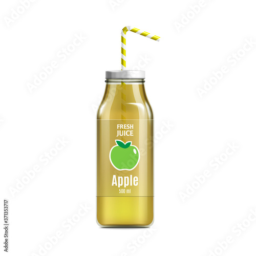 Realistic yellow apple juice bottle mockup with green apple icon label