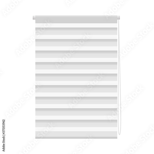 Realistic white window blind with wide horizontal stripes and pull cord