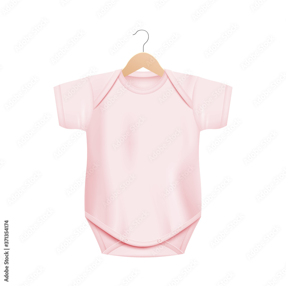 Realistic light pink baby onesie shirt mockup on wooden hanger Realistic light pink baby onesie shirt mockup on wooden hanger