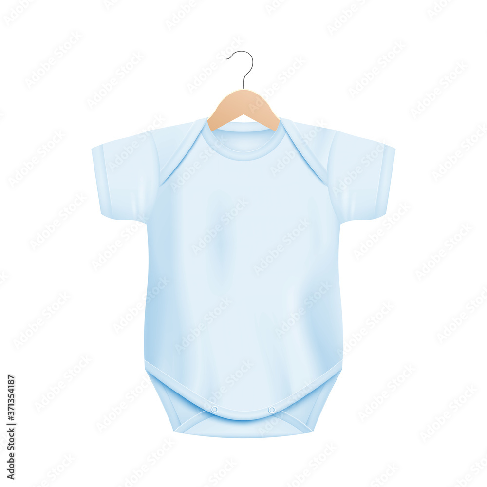 Baby blue bodysuit on hanger realistic vector template illustration isolated.