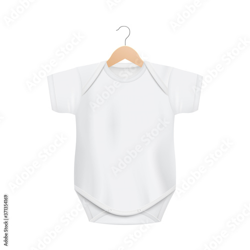 White baby onesie mockup on wooden hanger - realistic mock up