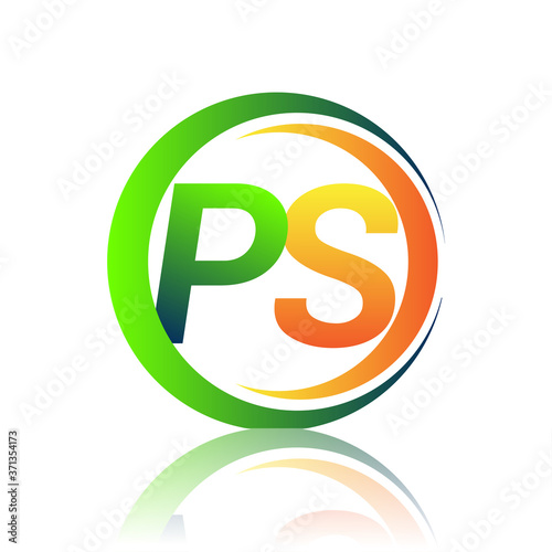 initial letter logo PS company name green and orange color on circle and swoosh design. vector logotype for business and company identity.