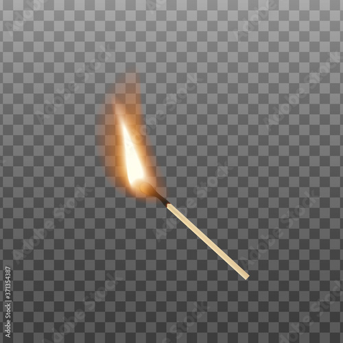 Wooden match burning on fire realistic vector illustration mockup isolated.