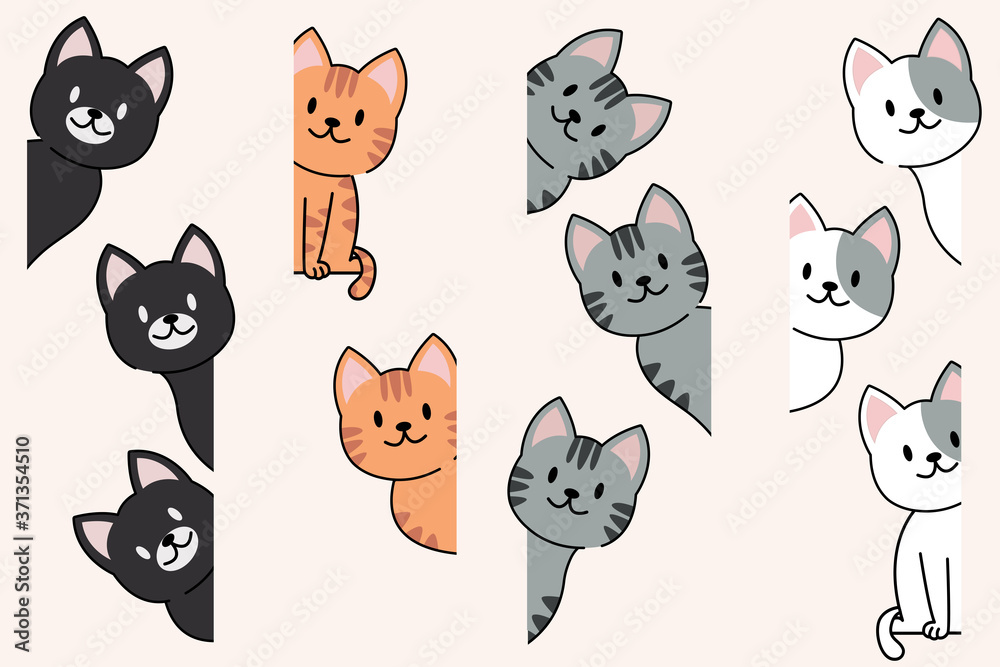 Vector illustration of funny cartoon cats, Collection of cat faces that spy on you. Vector silhouette of cats on cream background.