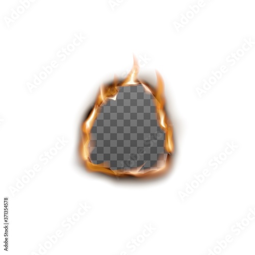 Empty transparent burning hole with realistic fire isolated on white background