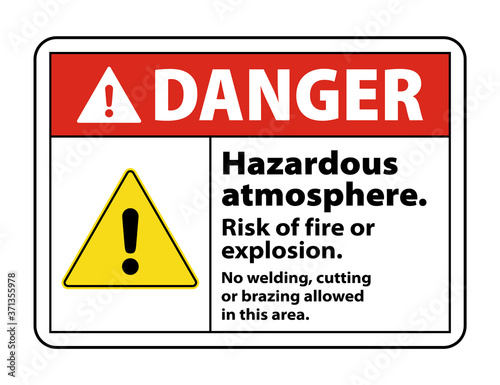 Danger Hazardous Atmosphere. Risk Of Fire Or Explosion. No Welding, Cutting Or Brazing Allowed In This Area. vector sign eps10