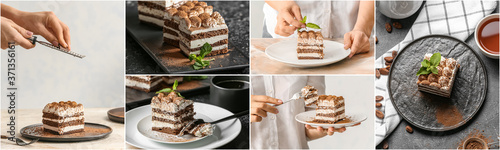 Collage of photos with tasty tiramisu