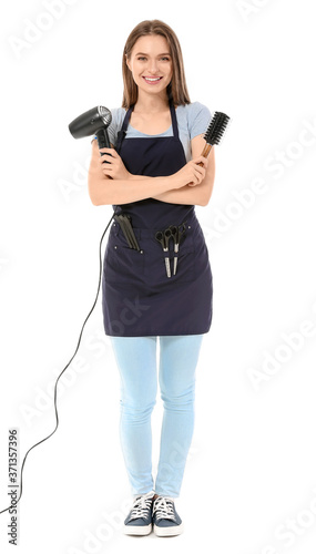Female hairdresser on white...