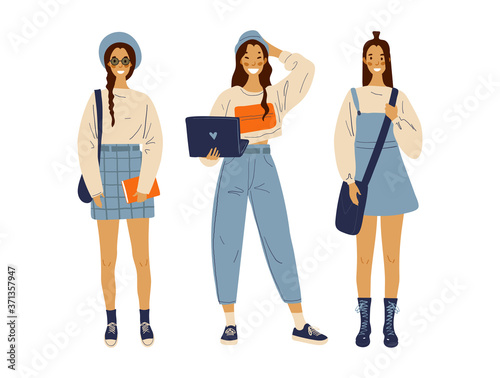 Group of modern young fashionable girls. Hipster students. Back to school. Set of standing female characters in flat style. Cartoon vector illustration.