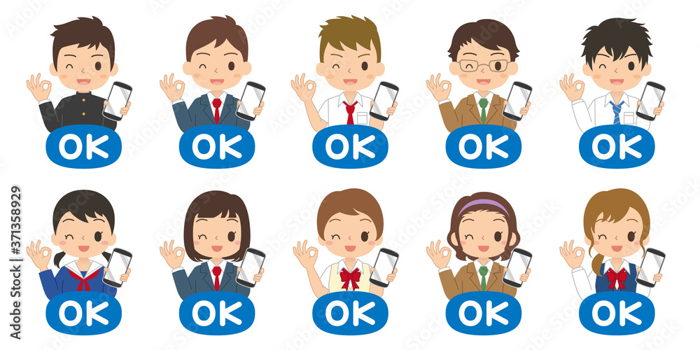 OKサインでスマホを持つ女の子と男の子のアイコン　セット　高校生　中学生　イラスト