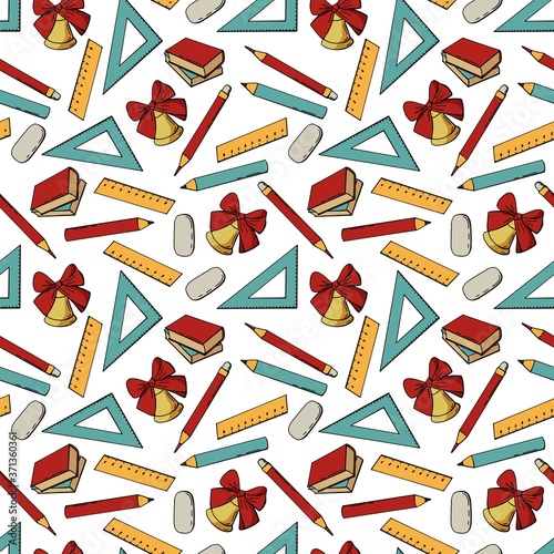 School seamless pattern. Bell, ruler, square, pencils, washing gum. White background, isolator. Stock illustration. Endless texture for your design.