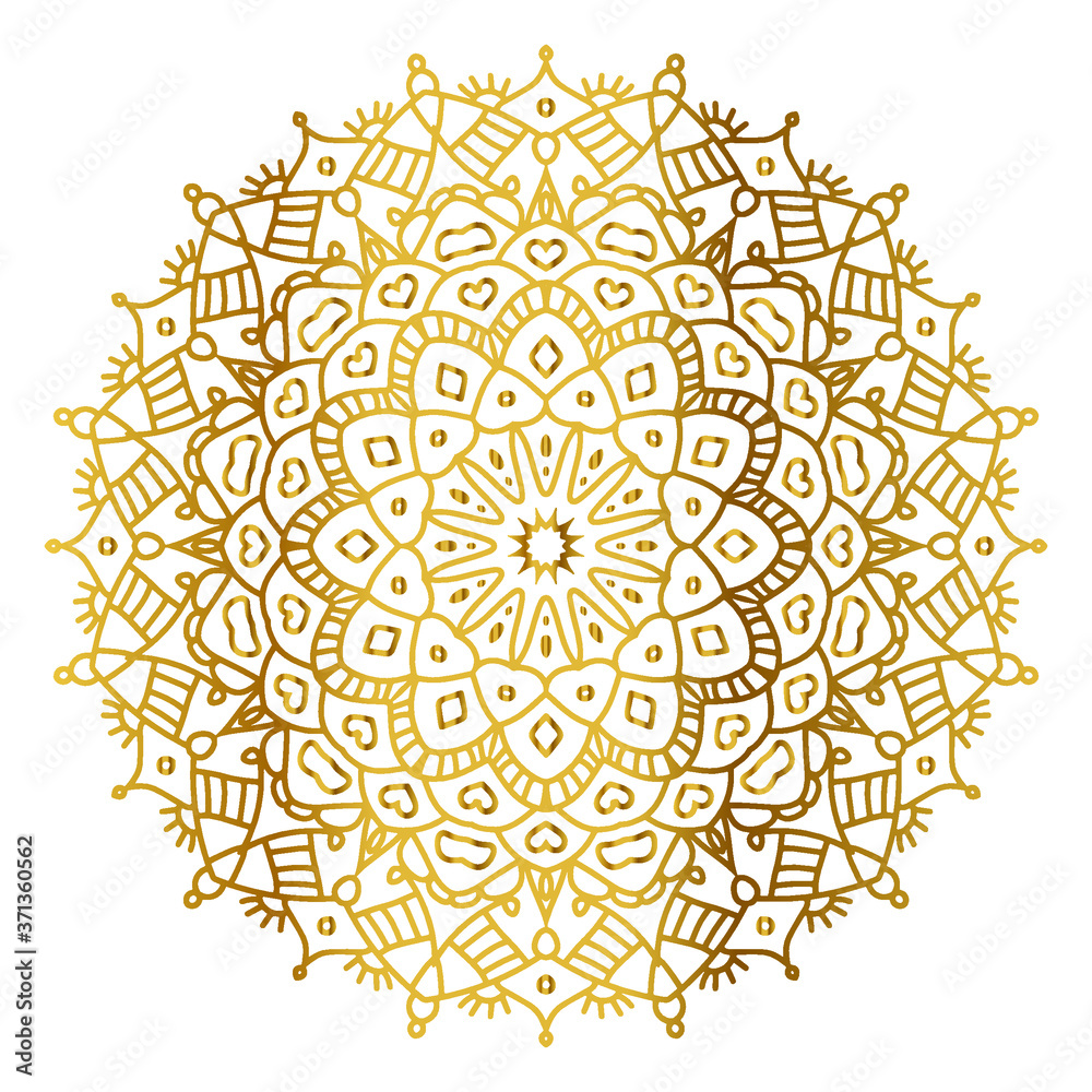 Mandala with golden gradient. Luxury ornamental in gold color. Round ornament, repeating elements.