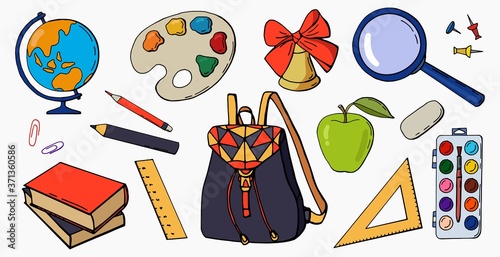 Big school set of elements. White background, isolator. Cartoon style. Stock drawing.