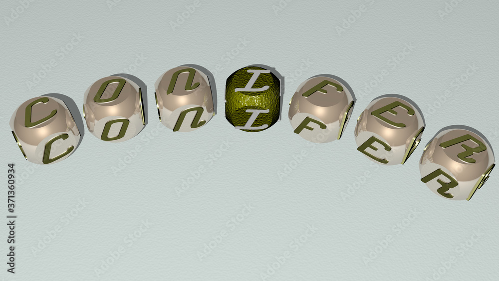 CONIFER curved text of cubic dice letters - 3D illustration for background and christmas CONIFER curved text of cubic dice letters - 3D illustration for background and christmas