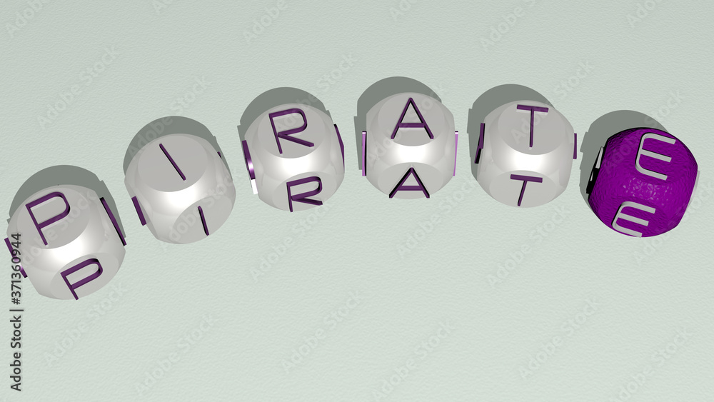 PIRATE curved text of cubic dice letters - 3D illustration for cartoon and background PIRATE curved text of cubic dice letters - 3D illustration for cartoon and background
