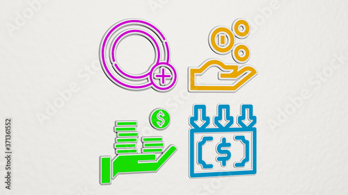 income colorful set of icons - 3D illustration for business and concept