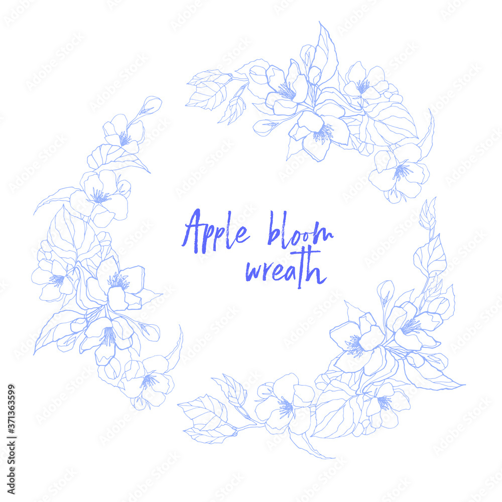 Vector wreath with apple flowers and leaves - hand-drawn illustration without fill. Color and size are easy editable. Perfect for your designs, textile, wedding and parties, scrap-booking, etc. Vector wreath with apple flowers and leaves - hand-drawn illustration without fill. Color and size are easy editable. Perfect for your designs, textile, wedding and parties, scrap-booking, etc.