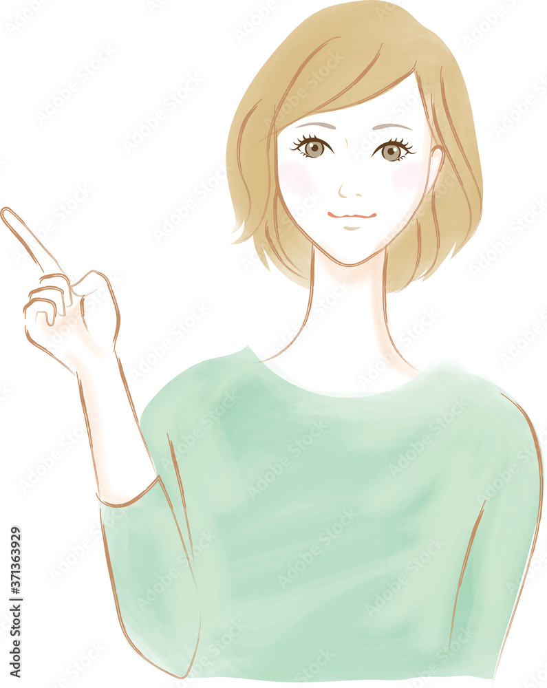 右の人差し指を立てポイントを述べる笑顔の女性