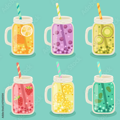 illustration set of mason jar vectors. Summer lemonades with fruits: lemon, kiwi, orange, strawberries, mint, blueberries isolated on blue background.