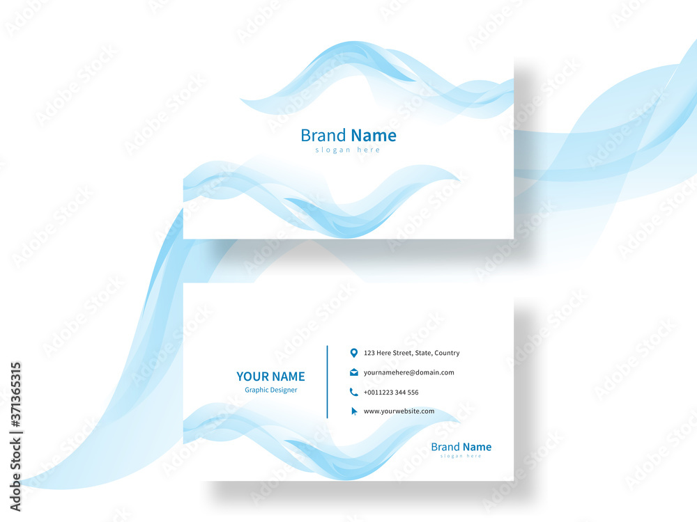 Modern corporate business card template design with blue wavy shapes