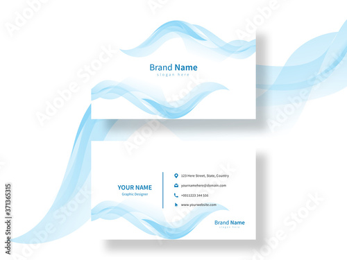 Modern corporate business card template design with blue wavy shapes