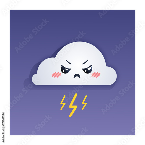 Kawaii cute offended angry cloud with lightning, thunderstorm. Vector illustration for web and print on color gradient backgound
