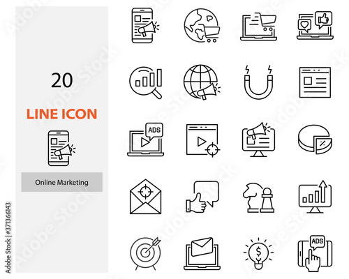 set of online marketing line icon, advertise, seo