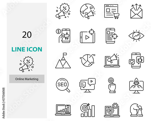 set of online marketing line icon, advertise, seo