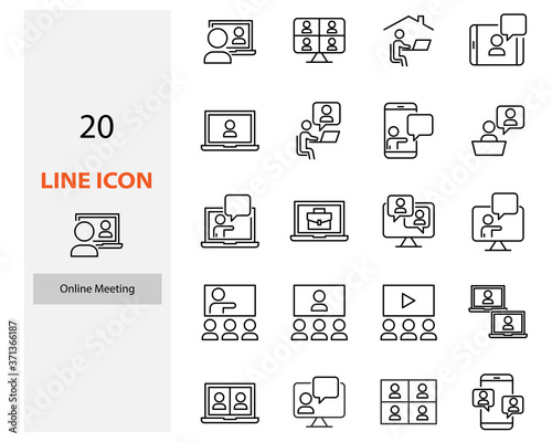 set of video conference icons, online meeting, work at home, online education