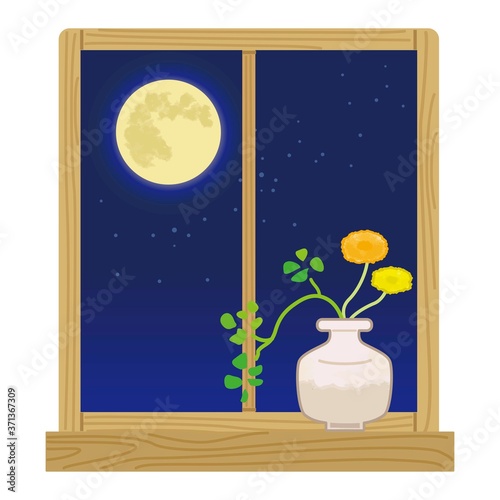 月が見える窓辺のイラスト