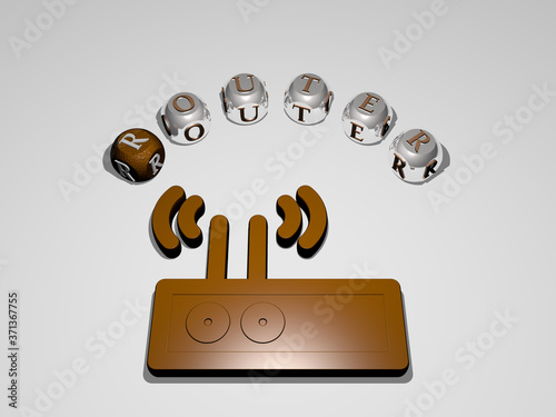 router circular text of separate letters around the 3D icon - 3D illustration for internet and connection