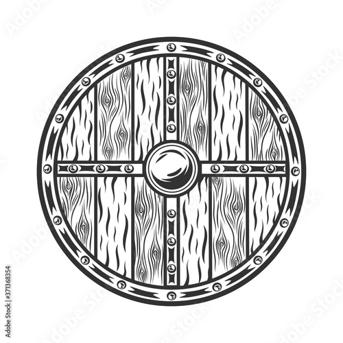 Viking warrior wooden shield isolated on white in monochrome style. Vector vintage illustration.