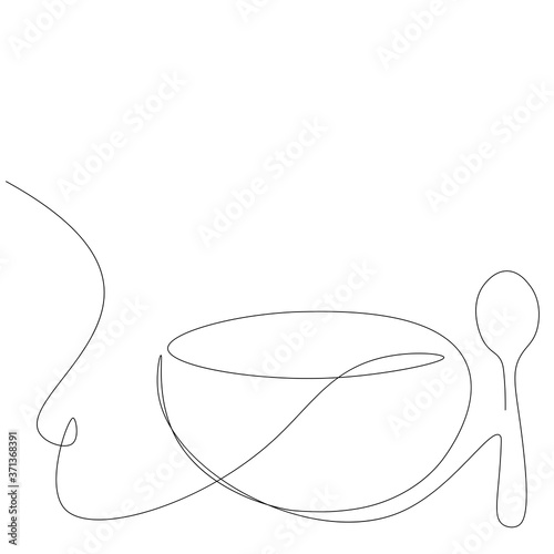 Dinner lunch on white background. Soup line drawing vector illustration