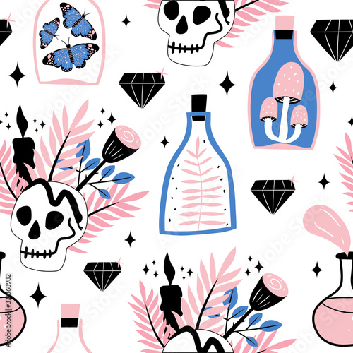 Seamless pattern witch magic design elements. Halloween background. Vector cartoon illustration.