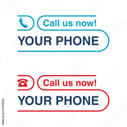 Call us and contact us web button - template for phone number block in website header  - conspicuous sticker with phone headset pin form pictogram and sample text