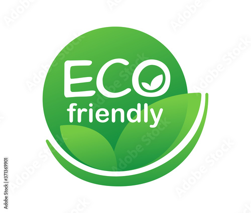 Eco friendly stamp (badge) for environmentally safe production, healthy and natural food products, cosmetics or technology packaging marking - green eco emblem with leaves and check mark