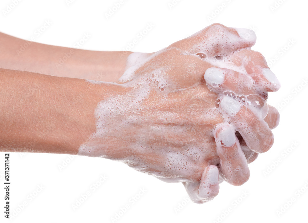 Washing hands with soap, foam on skin, isolated on white background. Washing hands with soap, foam on skin, isolated on white background.