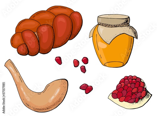 Set of products for the Rosh Hashanah holiday. White background, isolator. Stock illustration.