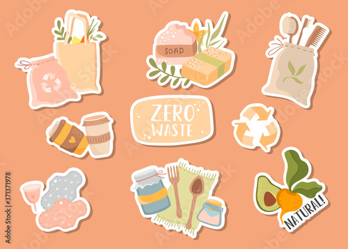 Zero waste stickers. Recycling, reusable items, wooden dishes and eco bags.