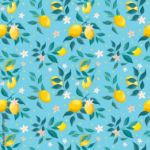 Lemon branches and fruits on a blue background. Decorative seamless pattern